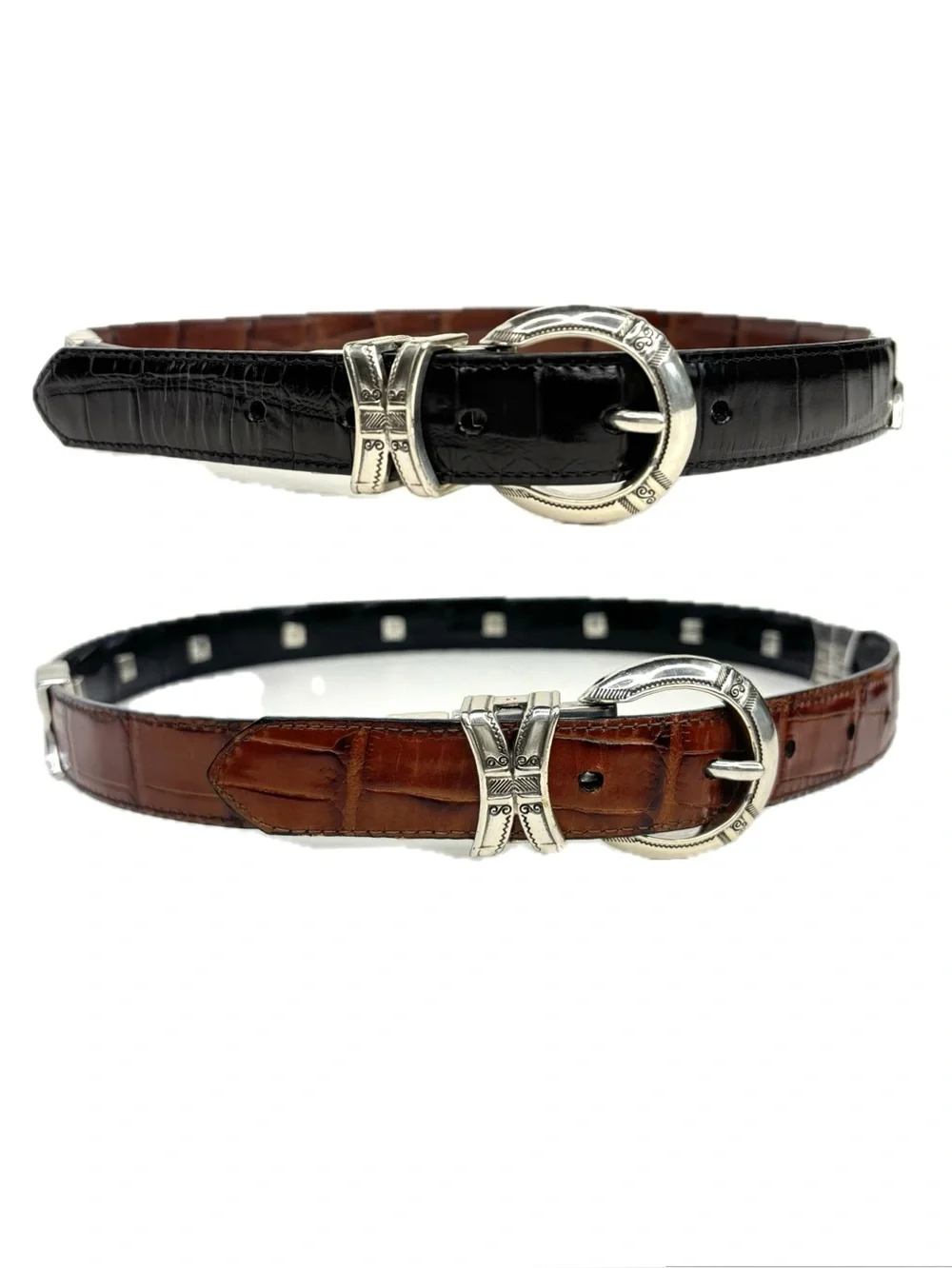 Vintage Brighton Reversible Croc-Embossed Leather Belt Brown Black B40155 30 / M